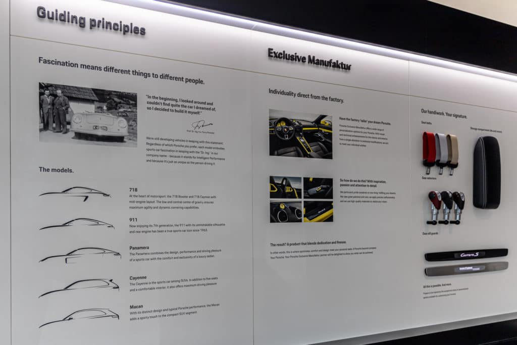 A wall depicting the different Porsche models and materials