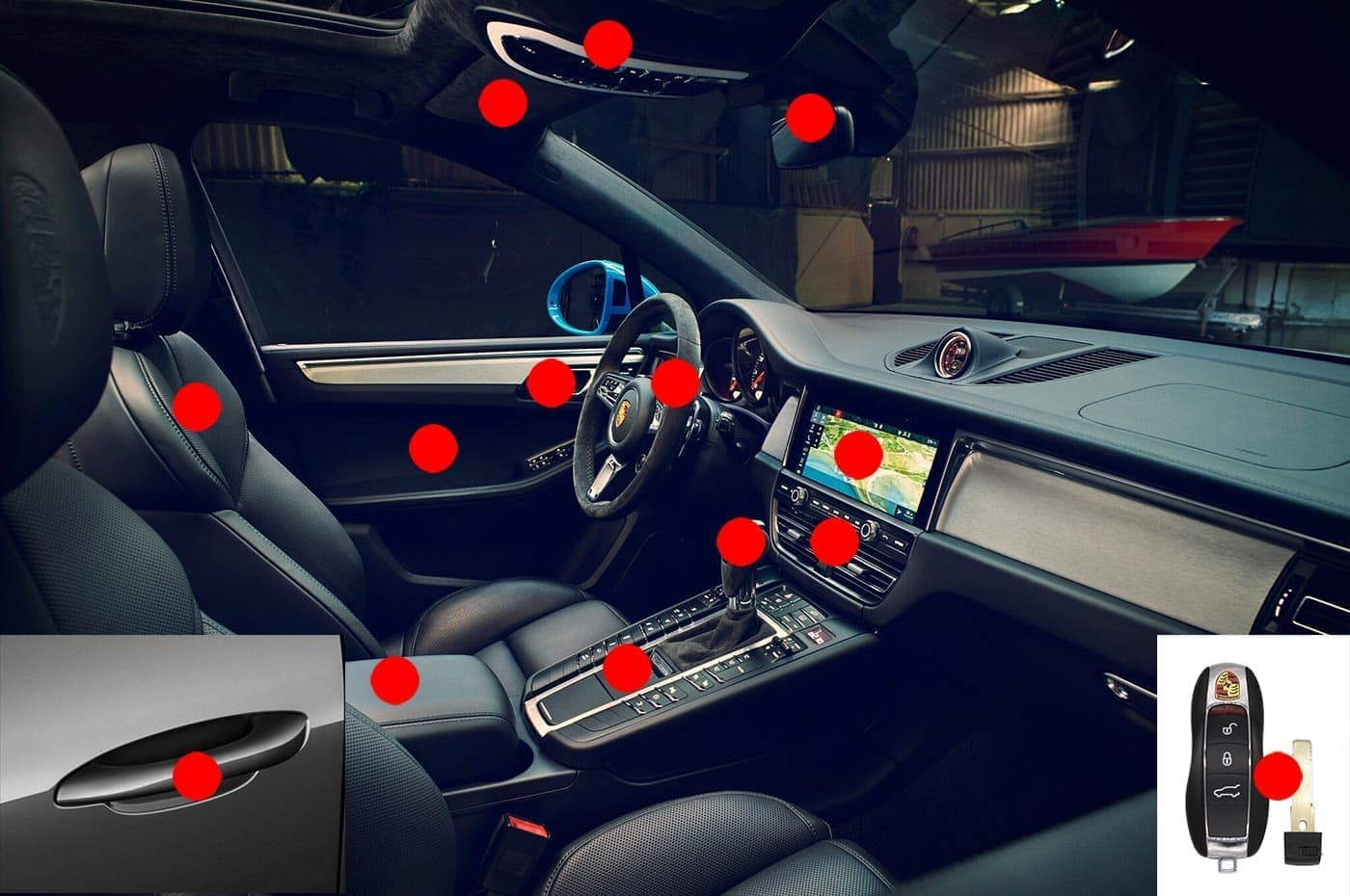 A Porsche's interior with red dots indicating all of the locations they disenfect after service